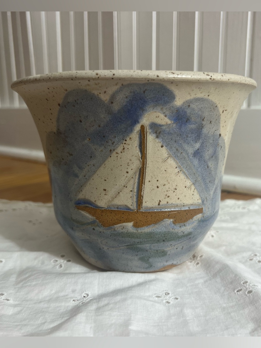 Studio Pottery Sailboat Planter Coastal Nautical Speckled Ceramic Art Pottery